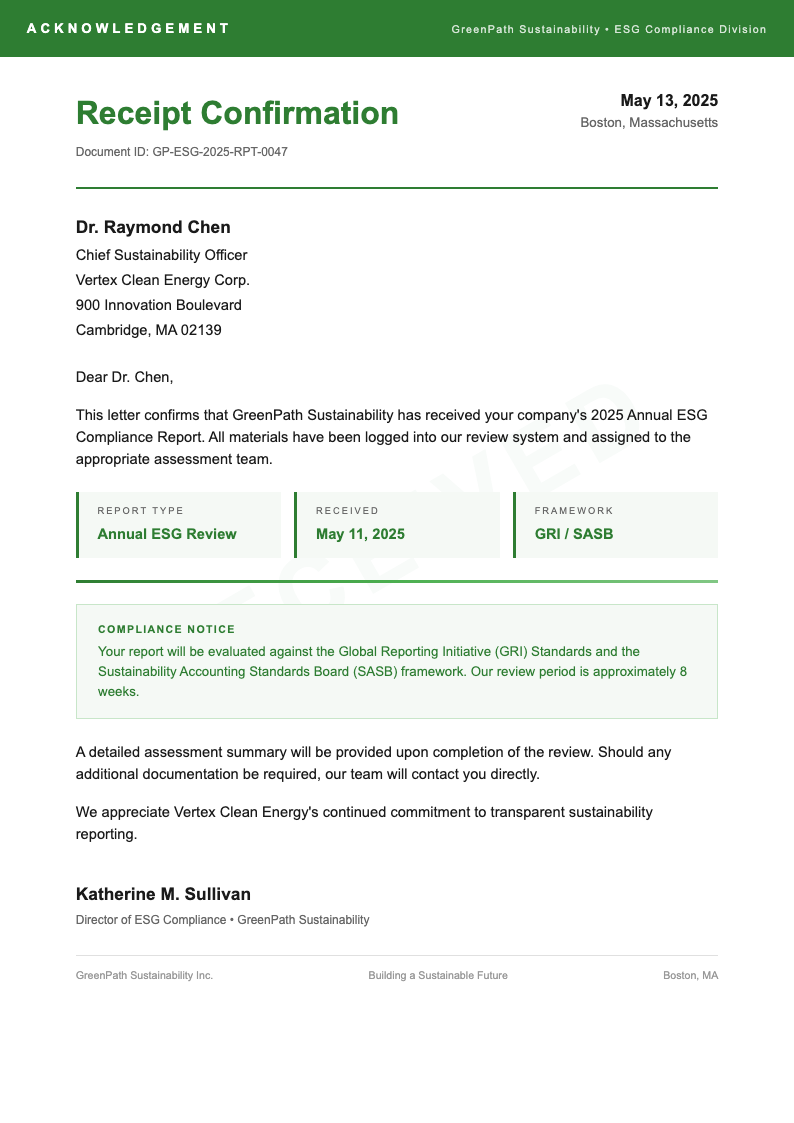 Corporate ESG report acknowledgement letter